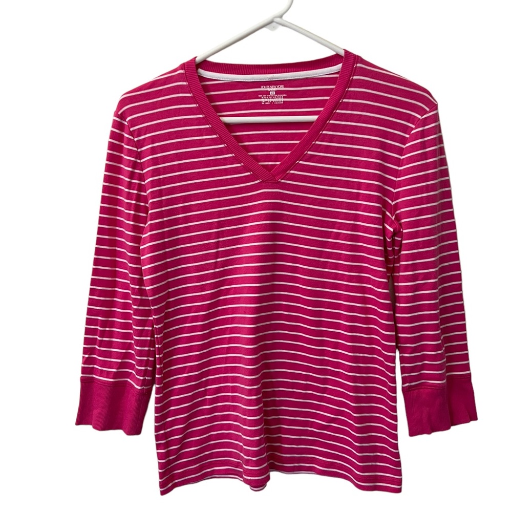 Jones New York Pink and White Striped V-Neck Knit Top